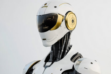 This humanoid robot showcases a sleek design with metallic accents in a bright, minimalist environment.の写真素材