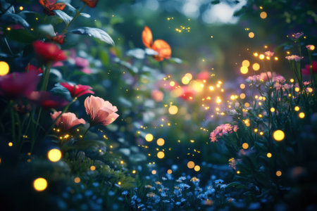 Vibrant flowers bloom as soft lights shimmer, creating an enchanting garden experience at dusk.の写真素材