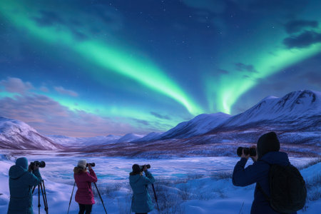 Groups of photographers gather in a snowy landscape to capture the vibrant northern lights illuminating the sky.の写真素材