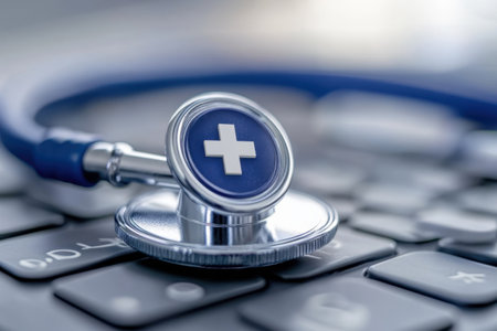 A stethoscope rests on a keyboard, highlighting the integration of healthcare and technology in medicine.の写真素材