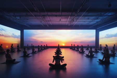 Participants engage in a tranquil yoga session as vibrant sunset visuals illuminate the studio.の写真素材