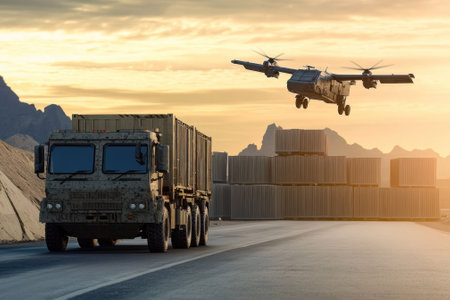 A helicopter hovers above a military transport truck on a dusty road near cargo containers at sunset.の写真素材