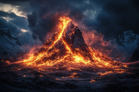 A powerful volcanic eruption sends bright lava cascading down its slopes as dark clouds swirl above.の写真素材