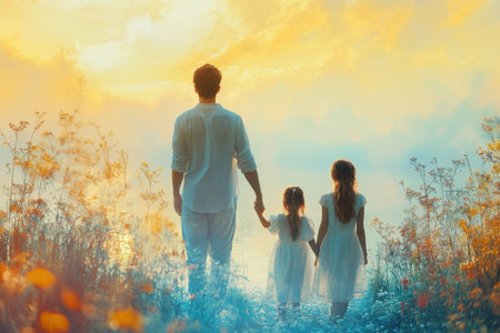 A father holds hands with his two young daughters as they walk together through wildflowers at sunset.の写真素材