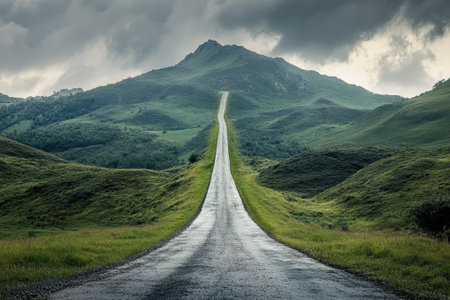 A long road stretches through vibrant green hills toward a rugged mountain under an overcast sky.の写真素材
