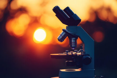 A microscope is outdoors against a vibrant sunset, showing the spirit of scientific exploration.の写真素材