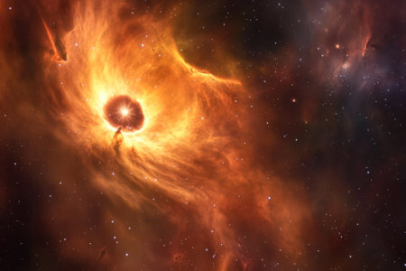 Colorful nebula with swirling gases and bright stars highlights the beauty of cosmic creation in deep space.の写真素材