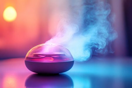 A diffuser releases aromatic mist while colorful lights create a relaxing atmosphere in a cozy space.の写真素材