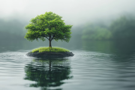 A lush green tree rests on an island, reflecting beautifully in the calm water during dawn.の写真素材