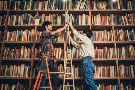 Two individuals are arranging books on high shelves in a library, using a wooden ladder for access.の写真素材