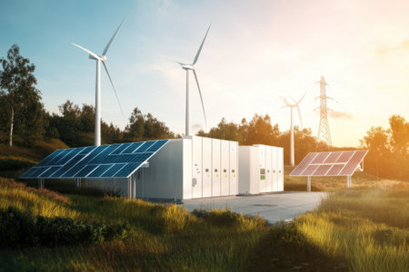Solar panels and wind turbines are seen at a renewable energy facility at sunset, highlighting green technology.の写真素材