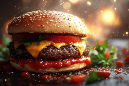 A delicious cheeseburger stacked with vegetables, served on a wooden table in a warm, inviting atmosphere.の写真素材