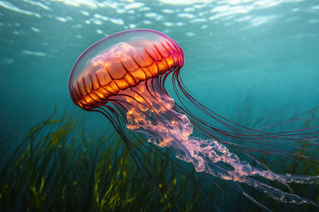 A vibrant jellyfish moves elegantly underwater, showing its translucent body and flowing tentacles amidst seaweed.の写真素材