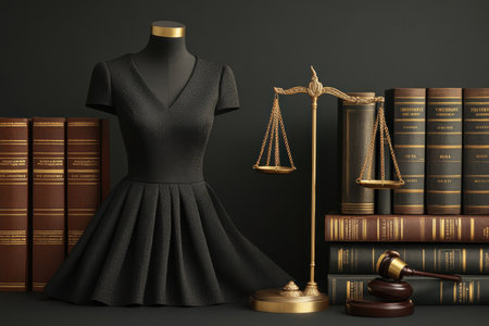 A sleek black dress is displayed with a scale of justice and antique law books, symbolizing legal elegance.の写真素材