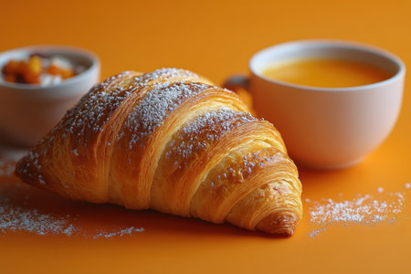 A delicious croissant rests on a table next to a cup of orange juice and a bowl of yogurt with fruit.の写真素材