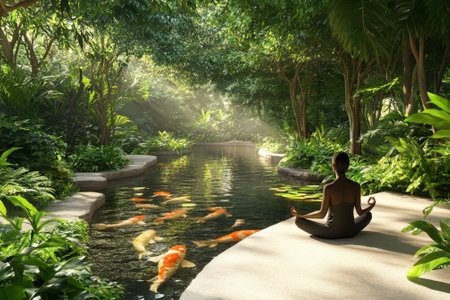 A person meditates peacefully by a calm pond, surrounded by vibrant green plants and koi fish.の写真素材