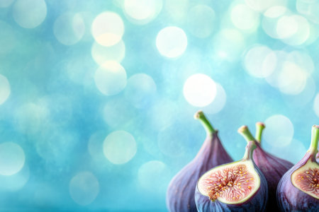 Ripe figs display their unique patterns and rich color against a shimmering blue backdrop.の写真素材