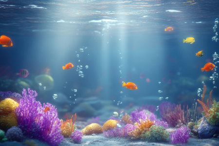 Colorful fish swim among vibrant coral reefs in a sunlit underwater environment filled with bubbles.の写真素材