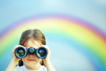 A young child joyfully looks through binoculars, fascinated by a colorful rainbow in the sky above.の写真素材