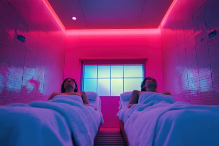 Two individuals enjoy a serene moment in a contemporary spa room with colorful lighting and soft bedding.の写真素材