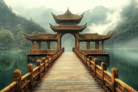 A wooden bridge connects to a beautiful pavilion surrounded by misty mountains and calm waters.の写真素材