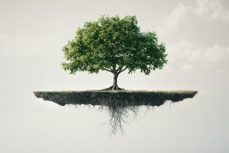 A vibrant green tree stands alone on a small floating island, with roots visible beneath the earth.の写真素材