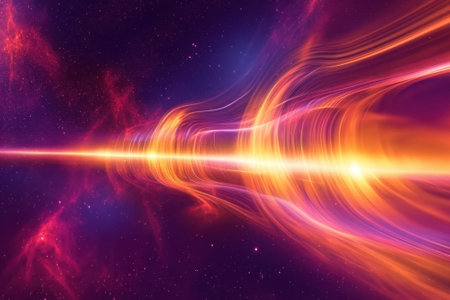 Bright colors and swirling patterns create a mesmerizing energy wave traveling through space.の写真素材