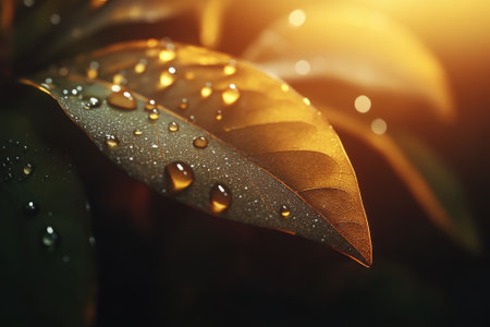 Morning sunlight illuminates a leaf, accentuating droplets of water and showing nature's beauty.の写真素材