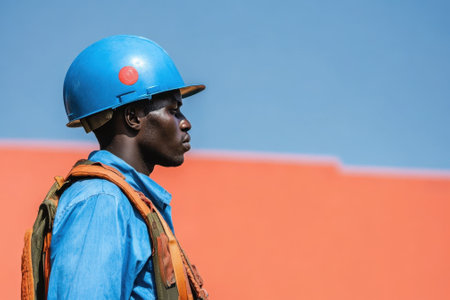A construction worker wearing a blue helmet looks thoughtfully at the sky while standing near an orange wall.の写真素材