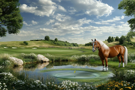 A horse graze near a tranquil pond on a green golf course, framed by vibrant flowers and rolling hills.の写真素材