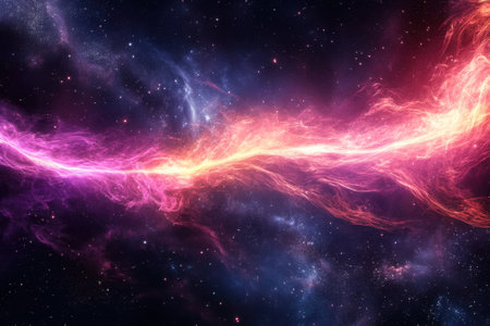 This vibrant cosmic display features swirling clouds of pink and purple hues against a dark celestial background.の写真素材