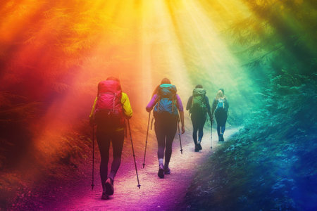 Four hikers trek along a forest path as colorful rays of light create a magical atmosphere around them.の写真素材