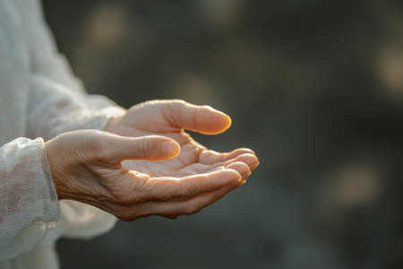 Soft hands reach out to catch warm sunlight in a peaceful outdoor environment during late afternoon.の写真素材