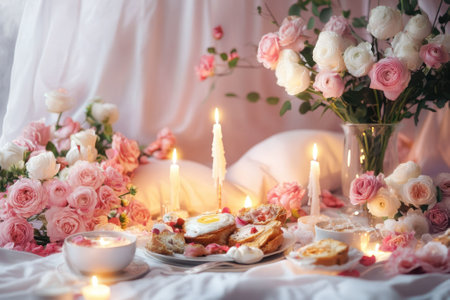 A beautifully arranged breakfast with eggs, bread, and fresh flowers, illuminated by soft candlelight.の写真素材