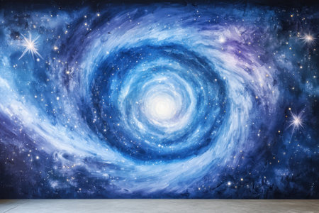A colorful mural showcases a swirling galaxy filled with stars and cosmic dust in a tranquil setting.の写真素材