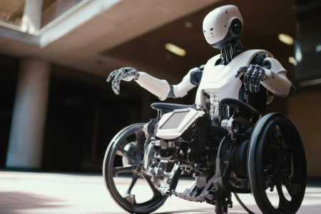 A robotic wheelchair sits in a modern building, illustrating advancements in assistive technology and mobility.の写真素材