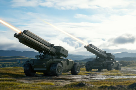 Military vehicles are positioned on a diverse terrain, firing rockets into the sky under a cloudy blue sky.の写真素材