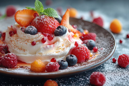 A beautiful dessert featuring a meringue base topped with cream, strawberries, and mixed berries.の写真素材
