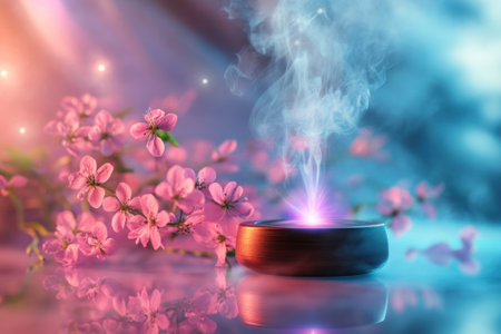 Soft smoke rises from incense, beautifully complemented by vibrant cherry blossoms creating a tranquil ambiance.の写真素材
