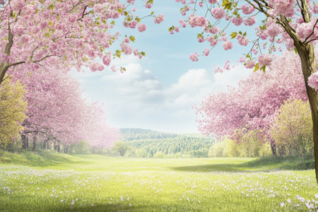 Soft pink cherry blossoms frame a tranquil meadow under a clear blue sky during springtime.の写真素材