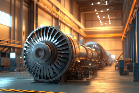 A large industrial turbine in a manufacturing facility, highlighting its intricate design and engineering.の写真素材