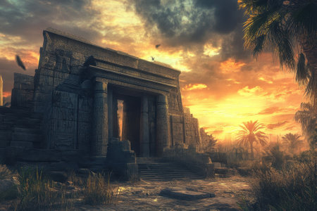 Golden sunlight casts shadows on ancient stone temple ruins amidst tall grass and palm trees during sunset.の写真素材