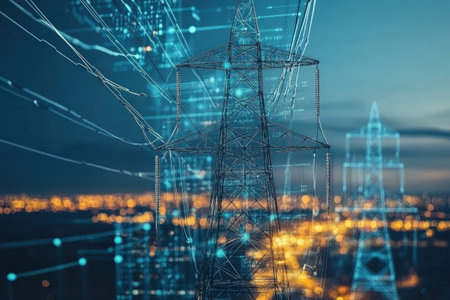 A digital visualization shows power lines against a vibrant city skyline at twilight.の写真素材