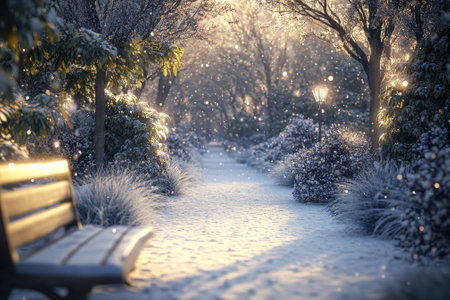 A snowy park pathway with trees, bushes, and a charming bench under softly glowing lamps.の写真素材