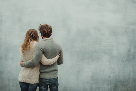 A couple stands together, their arms around each other, enjoying a quiet moment indoors.の写真素材