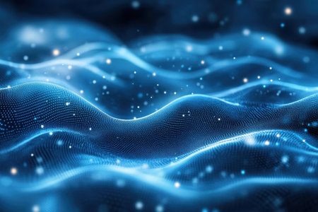 Glowing blue waves with sparkling particles evoke a sense of depth and movement in a digital ocean.の写真素材