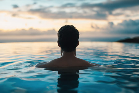 A man is soaking in a serene pool, gazing at the colorful sunset over the ocean horizon during evening.の写真素材