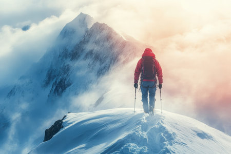 A climber in a red jacket surveys the breathtaking mountain landscape, surrounded by clouds and snow.の写真素材