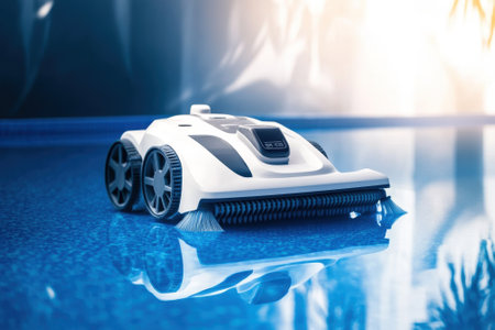 Robotic pool cleaner glides effortlessly across pristine blue water on a sunny afternoon.の写真素材