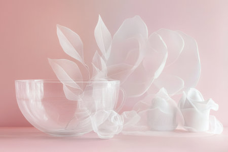 A glass bowl and white fabric create a soft atmosphere, enhanced by floral elements on a pink background.の写真素材
